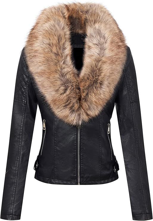 Bellivera Women's Faux Leather Jacket Moto Biker Sherpa-Lined Coat with Removable Fur Collar | Amazon (US)