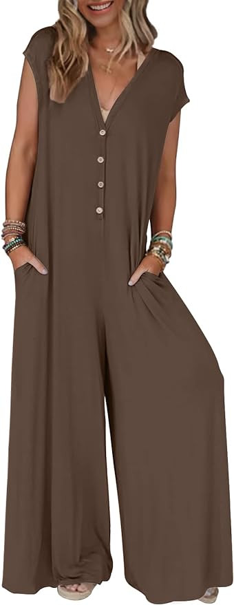 MEROKEETY Women's 2024 Summer Cap Sleeve Jumpsuits Deep V Neck Button Onesie Wide Leg Pants Rompe... | Amazon (US)