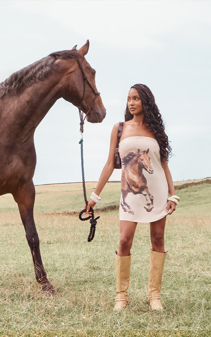 Golden Horse Printed Chiffon Bandeau Shift Dress | PrettyLittleThing US