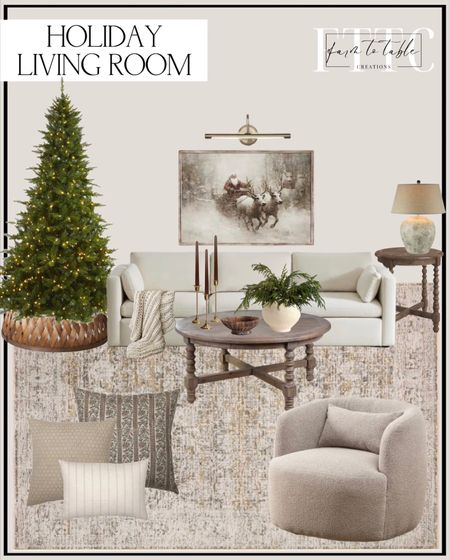 Holiday Living Room Inspiration. Follow @farmtotablecreations on Instagram for more inspiration. Amber Lewis x Loloi Alie Gold / Beige Area Rug. Bilbe 3- Piece 112.6" Upholstered Sofa. Jacob Coffee Table by Birch Lane. Jacob End Table.  Artificial Christmas Tree. 26" Wooden Lattice Christmas Tree Collar Dark Brown. Christmas Print Set | Holiday Snowy Winter Gallery Wall | 10 prints | Digital Printable Download. Artisian Studio Ceramic vase. Norfolk Pine Branch. Houa Ceramic Lamp. Lamplust Gold Candle Holders. Taper Candles. Bloomingville 9.5 Inches Round Hand-Carved Mango Wood Footed Scalloped Edge, Burnt Finish Bowl, Brown. Feyre Pillow Cover Combo. Arijit 34" Wide Boucle Upholstered Swivel Armchair. Picture Light. Colossal Ribbed Handknit Throw Blanket. Living Room Inspo. Pottery Barn Throw. Pottery Barn Decor. Christmas Living Room. Holiday Living Room. 

#LTKHoliday #LTKfindsunder50 #LTKhome