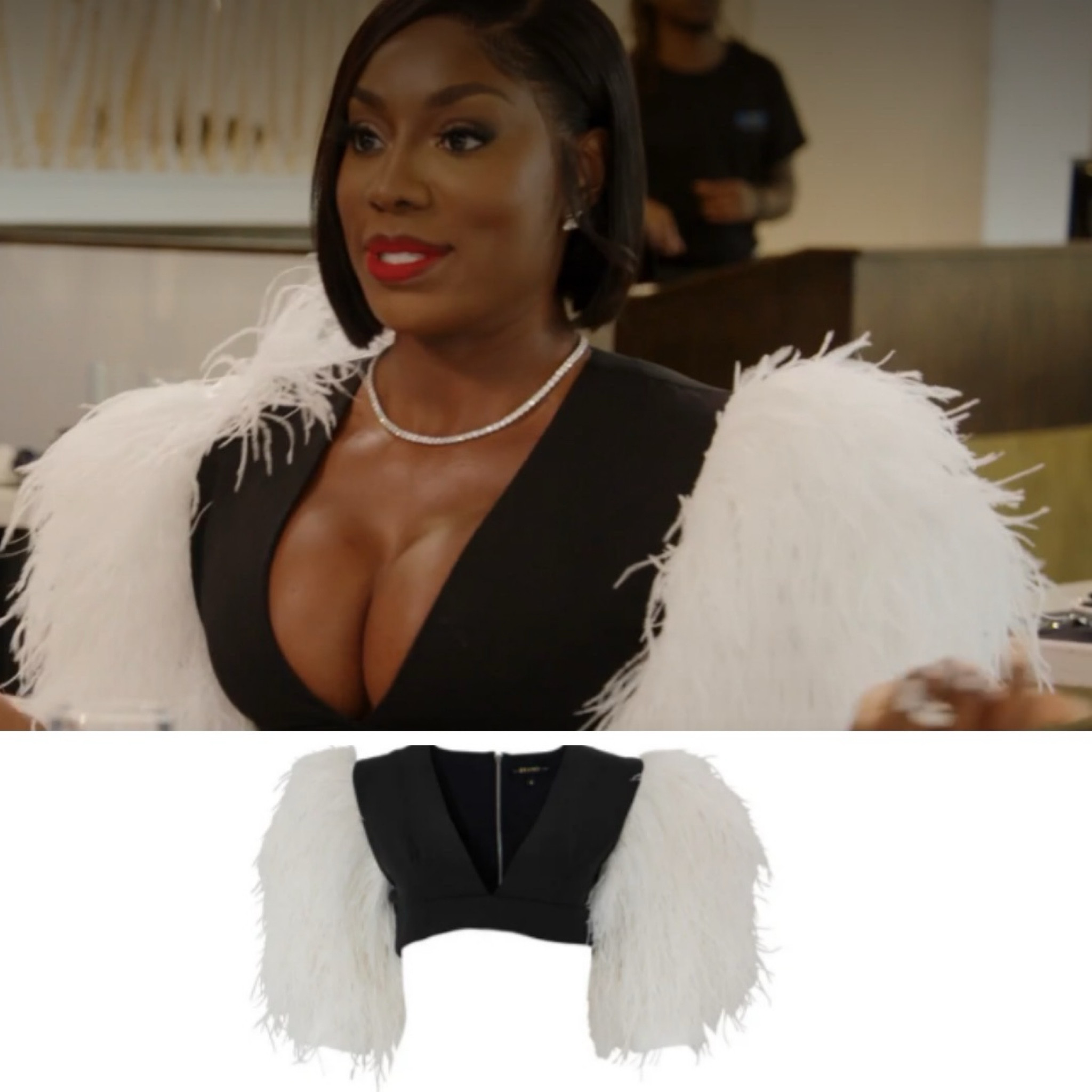 Wendy Osefo’s Black and White Feather Top is by Brand the Label / Shop Similar Below