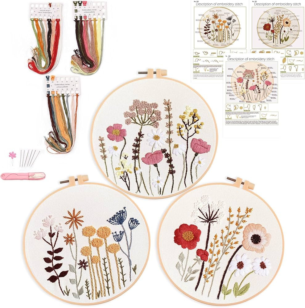 Amazon.com: Harimau 3 Pack Embroidery Kit for Beginners , Floral Plant Pattern,Cross Stitch Kits ... | Amazon (US)