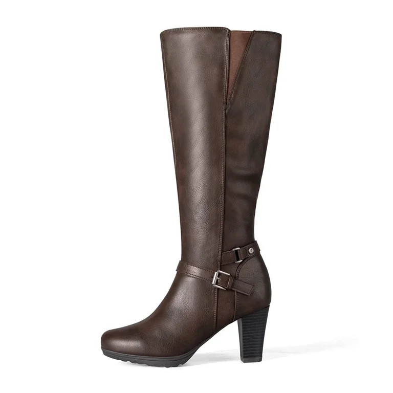 Pennysue Women Knee High Boots Brown PU Wide Calf Chunky Heel Booties For Women 10M | Walmart (US)