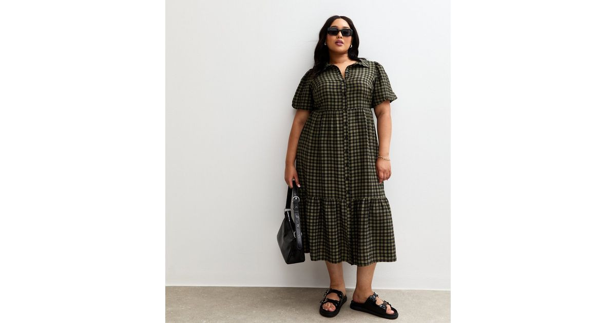 Curves Green Check Pattern Puff Sleeve Shirt Dress | New Look | New Look (UK)