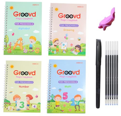 Groovd Children's Magic Copybooks - Reusable Grooved Writing Books for Kids - Handwriting Practice Workbooks, Calligraphy Learning Kit & Tracing Tools Set, 4 Books with Pen & Ink Refills (Ages 3-8) | Amazon (US)