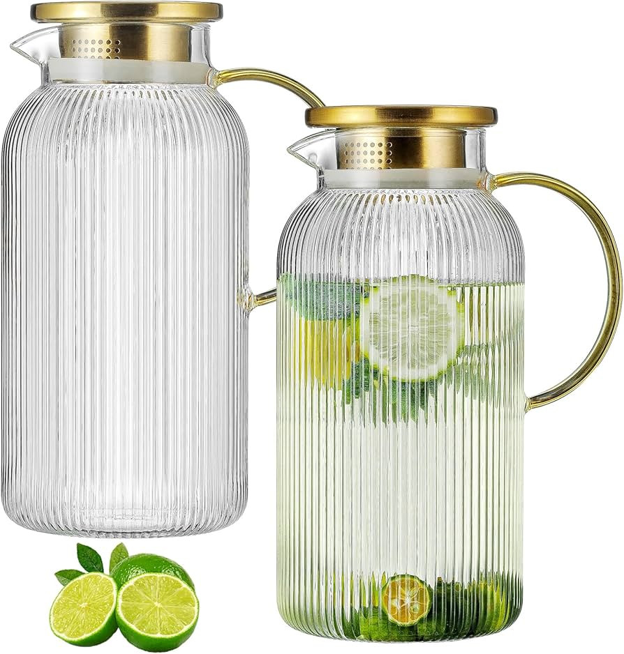 2 PACK Glass Pitcher with Lid, 68 oz/ 2 Liter Classic Vertical Stripes Water Pitcher,Glass Water ... | Amazon (US)