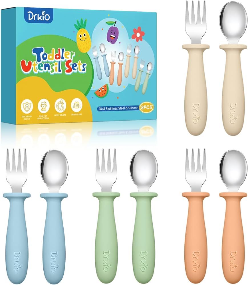 DRKIO 8 Pieces Toddler Utensils Set - Kids Silverware Set with Silicone Handle Children Safe 18/8... | Amazon (US)