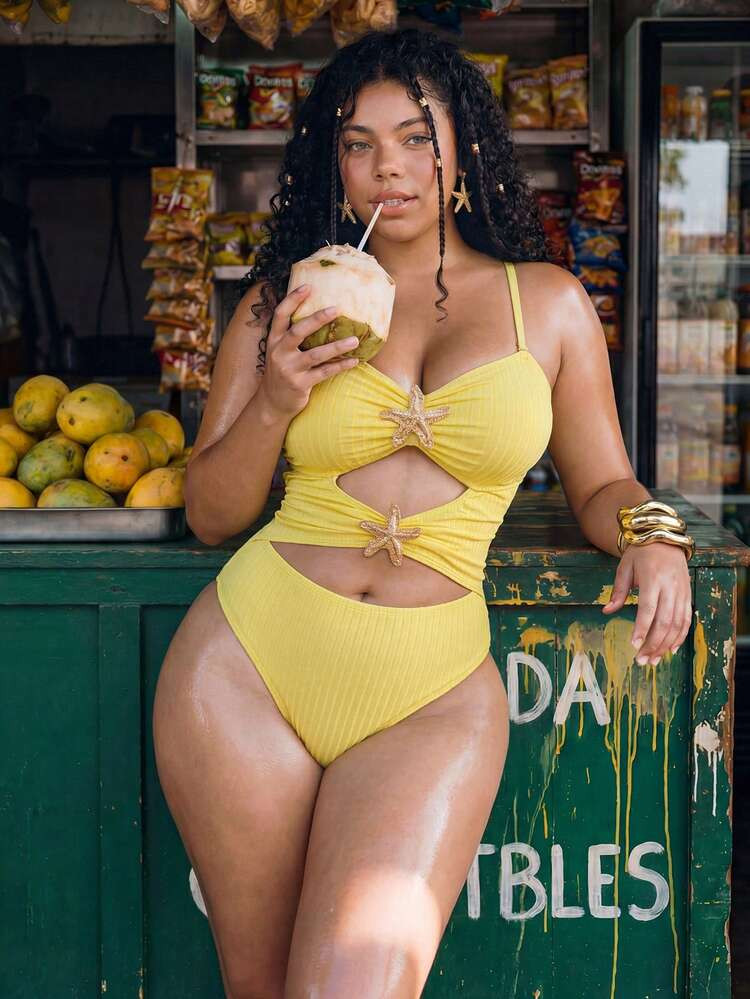 Swim Mod Plus Size Women's Sweet & Cute Minimalist Beach Vacation Solid Yellow Textured Fabric V-Neck Adjustable Strap Hollow Design Star Decor One-Piece Jumpsuit | SHEIN