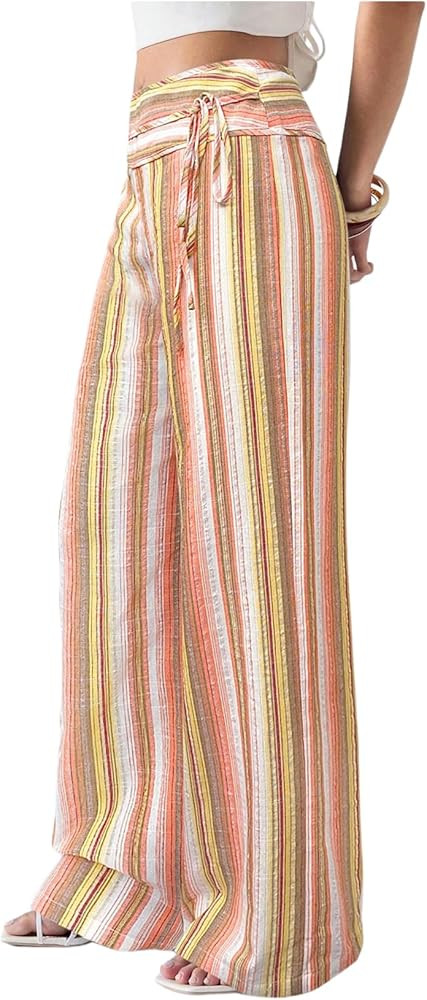 GORGLITTER Women's Colorful Striped Pants Low Rise Wide Leg Baggy Casual Summer Travel Pants Trou... | Amazon (US)