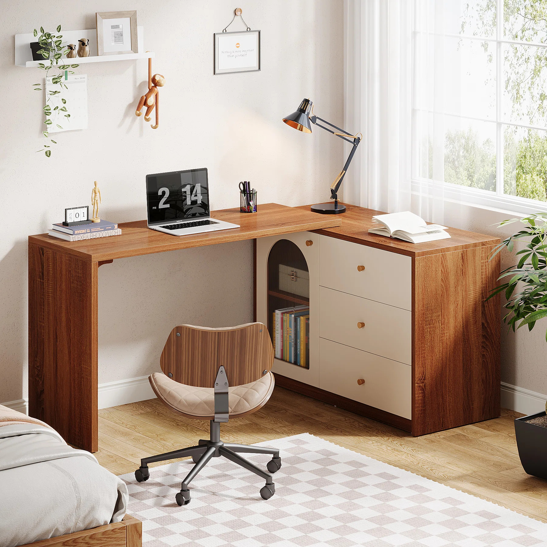 Rebacca L-Shaped Computer Desk, Corner Home Office Desk With Drawer Cabinet | Wayfair North America
