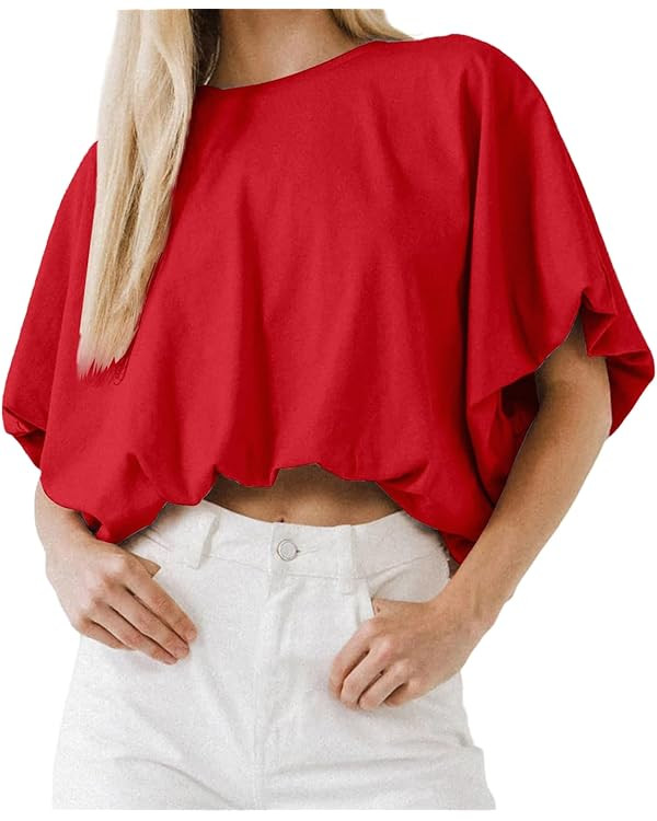 Womens Summer Crewneck Crop Tops Short Sleeve Casual Loose Cropped T Shirts | Amazon (US)