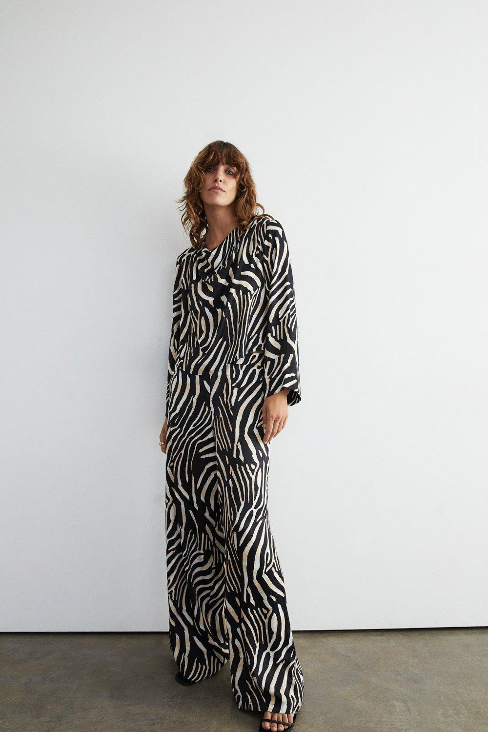 Satin Animal Wide Leg Trouser Coord | Warehouse UK & IE