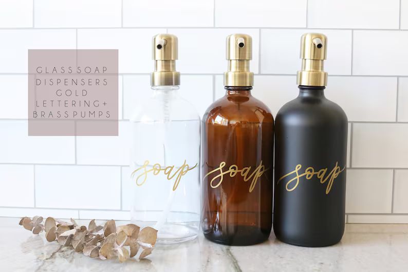 custom calligraphy glass soap dispenser| gold lettering | brass | farmhouse kitchen | modern kitc... | Etsy (US)
