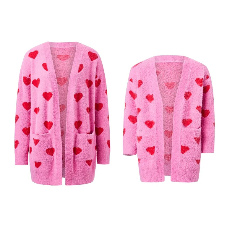 Mommy and Me Valentine's Day Outfits Heart Pattern Long Sleeve Open Front Cardigan Sweater | Walmart (US)