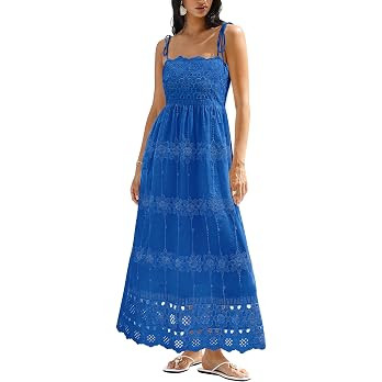 dowerme Womens Summer Maxi Dresses 2026 Casual Spaghetti Strap Smocked Eyelet Cotton Dress Long B... | Amazon (US)