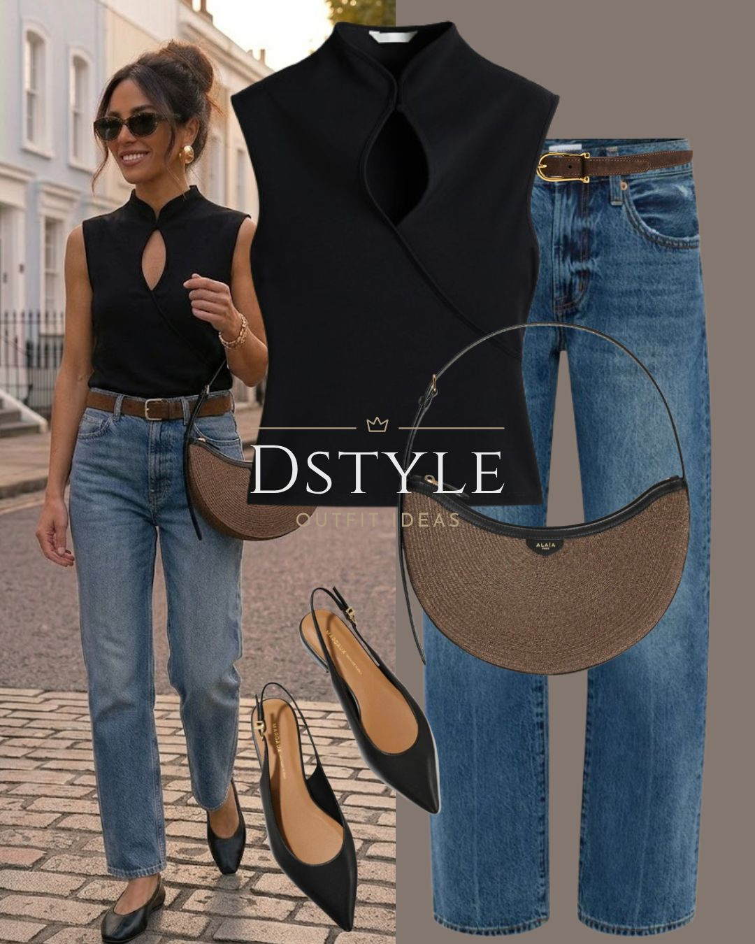 Chic date night or casual Friday outfit idea 💫 High-neck black cutout top styled with classic blue denim, brown suede belt, and black pointy flats.

#LTKootd #LTKWorkwear