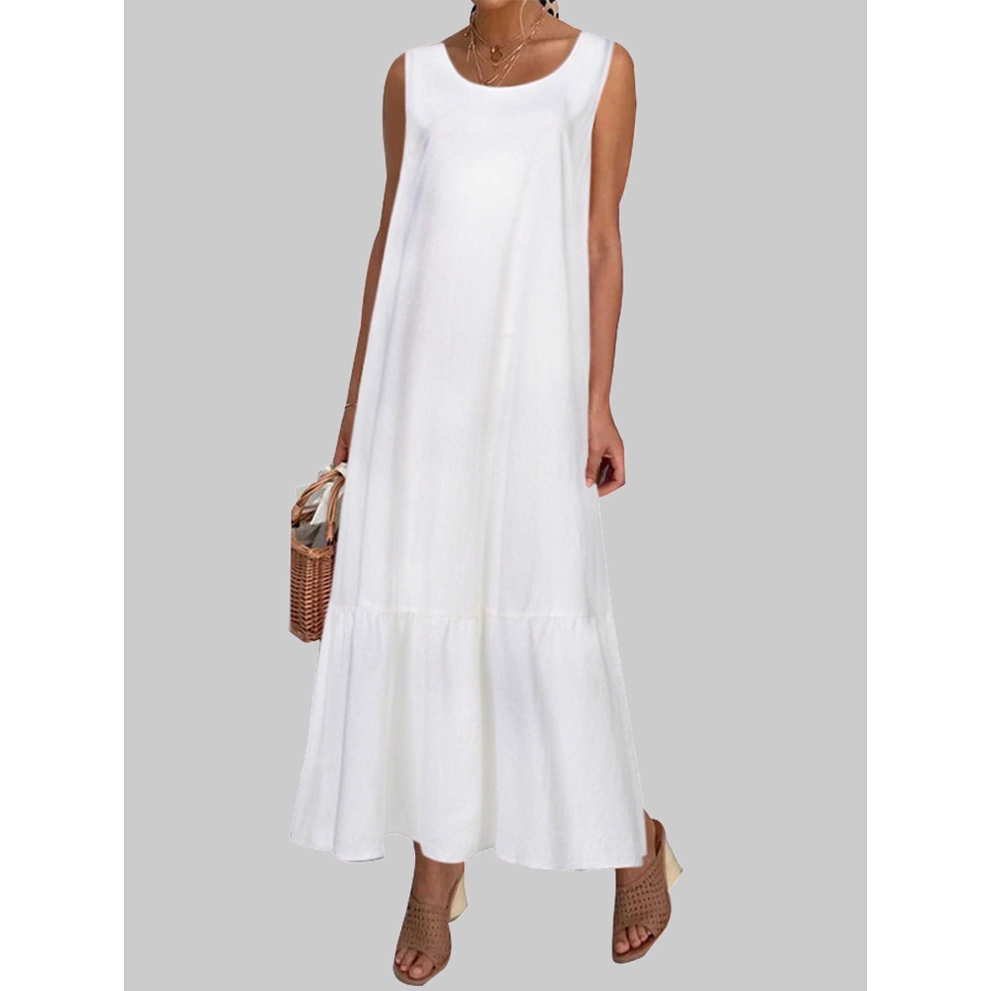 Women Dress Sleeveless Round Neck Casual Cotton Loose Dress | Walmart (US)