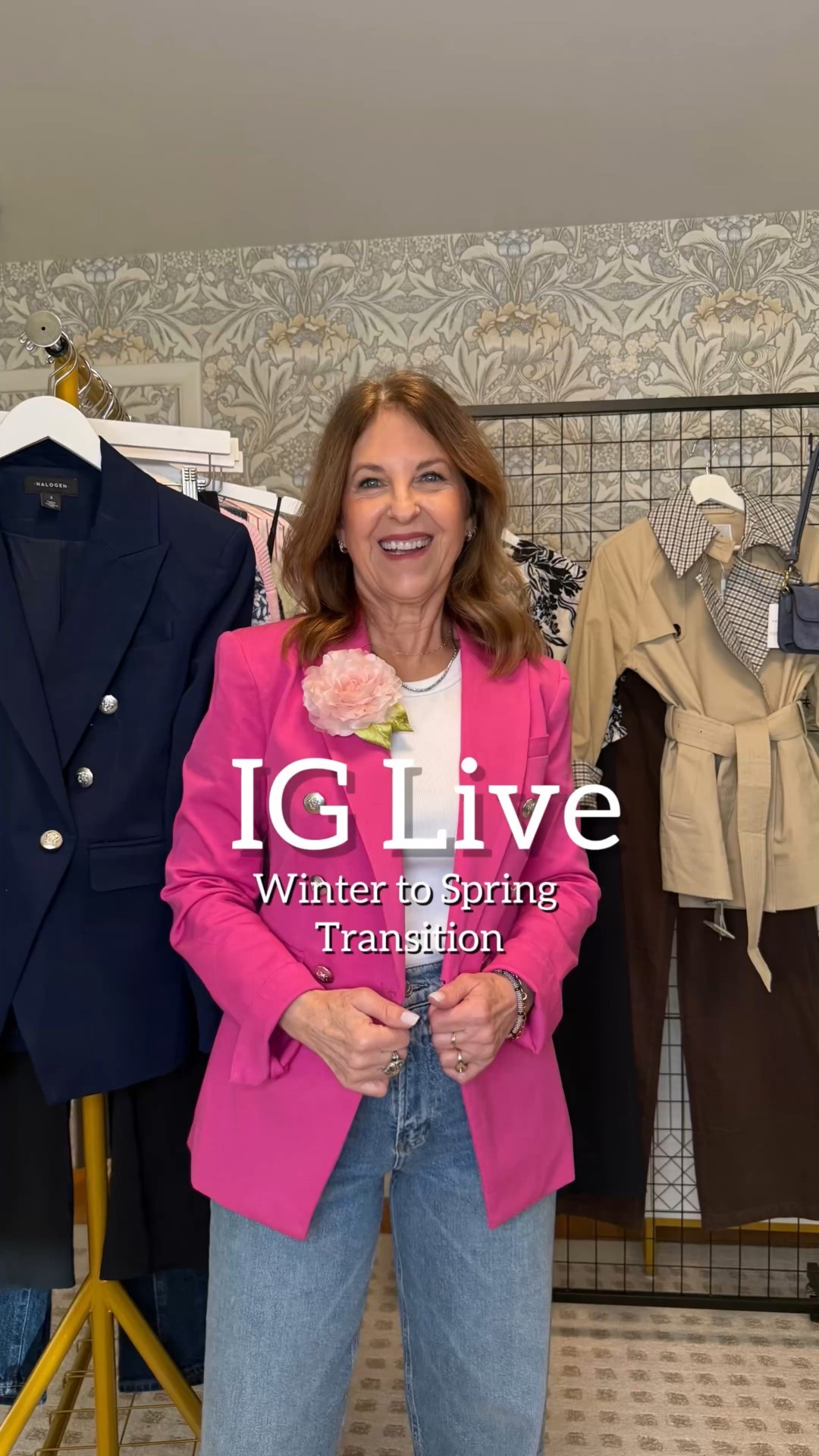 IG Live sharing winter-to-spring transitional pieces and looks. 

Hi, I go live every Thursday to share what's new in my styling office and styling tips. It's like having girlfriends in my studio talking about fashion together! 

Today I shared blazers, brooches, jeans, lodge pants, ruti pants, sweaters, Valentine's day looks & more. 

#LTKValentine #LTKOver40 #LTKSeasonal