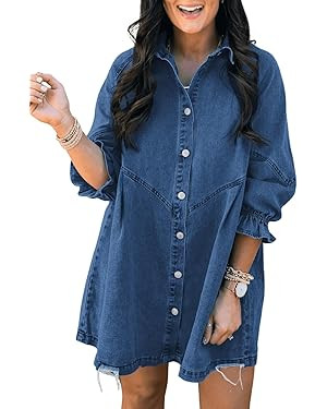 Sidefeel Womens Smocked 3 4 Sleeve Button Down Denim Jeans Dresses | Amazon (US)