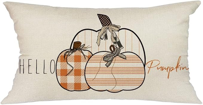 GEEORY Fall Pillow Cover 12x20 inch Orange Buffalo Plaid and Striped Pumpkin Lumbar Throw Pillow ... | Amazon (US)