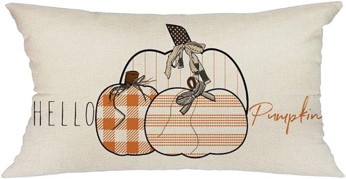 GEEORY Fall Pillow Cover 12x20 inch Orange Buffalo Plaid and Striped Pumpkin Lumbar Throw Pillow ... | Amazon (US)