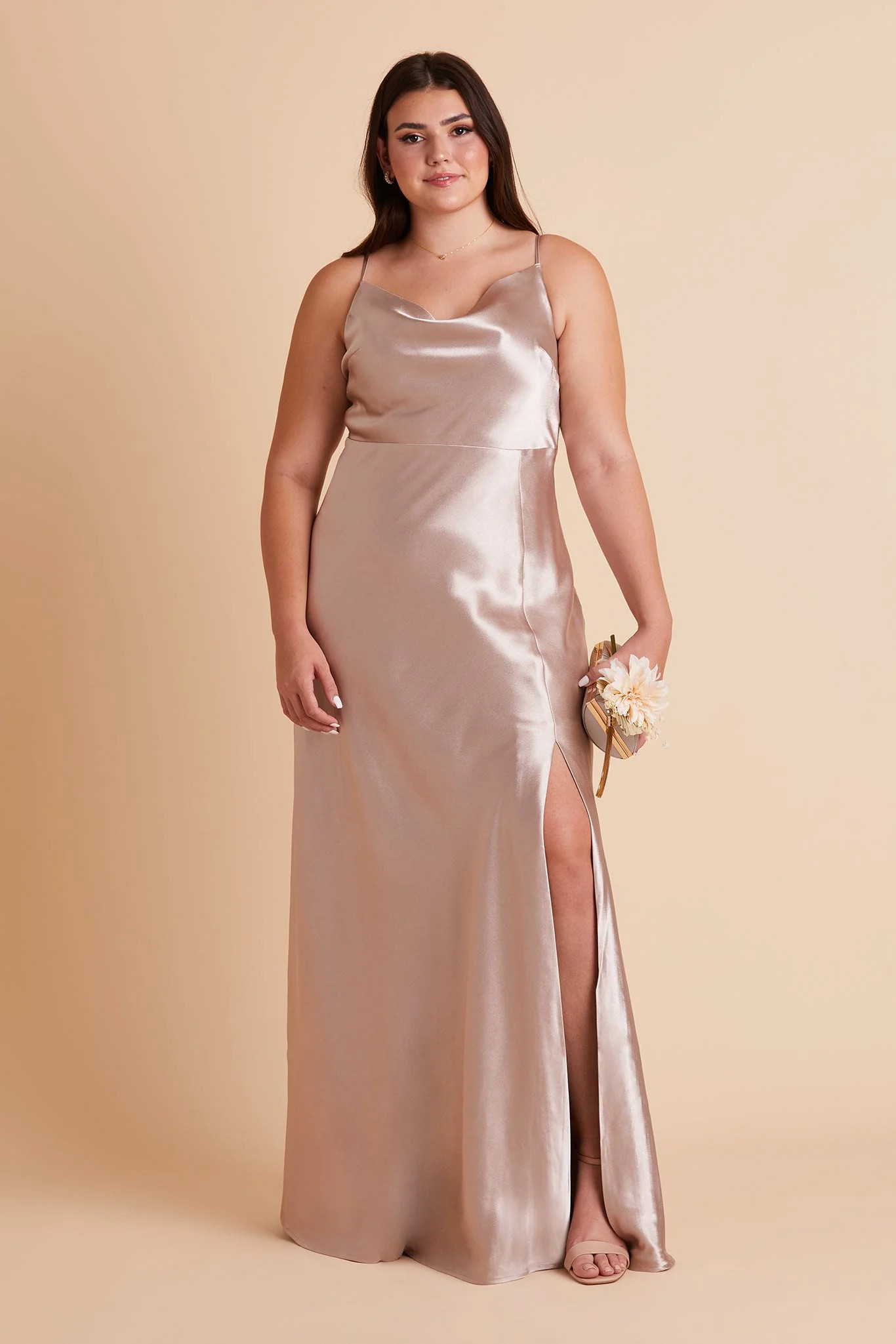Lisa Long Satin Dress - Taupe | Birdy Grey