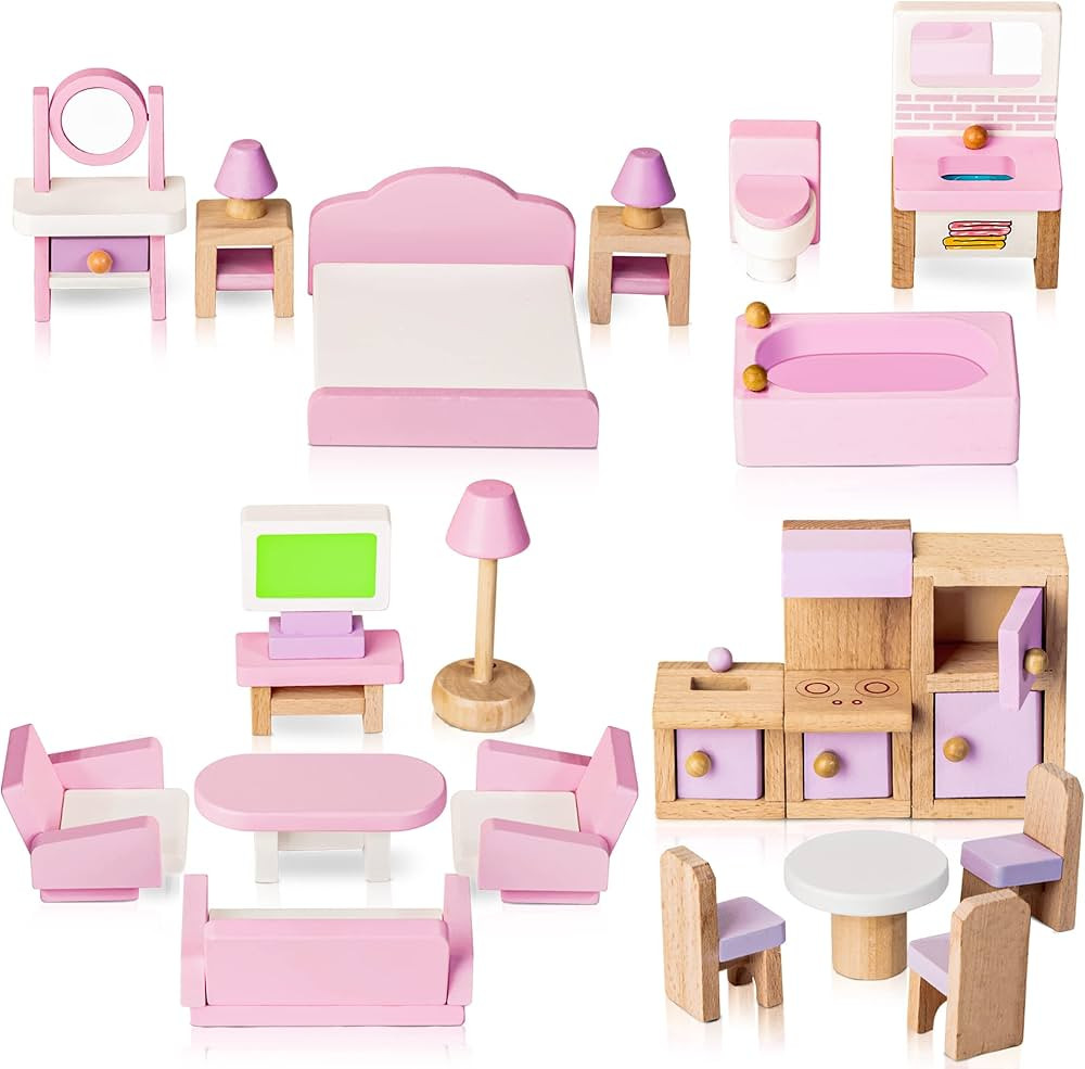 Wooden Dollhouse Furniture Set, 22 Pcs Miniature Dollhouse Accessories Including 5 Room Kits, Dol... | Amazon (US)