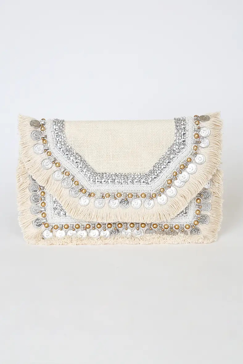 Dreamteam Bronze and Beige Beaded Coin Envelope Clutch | Lulus (US)