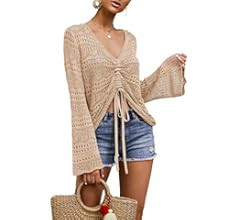 Saodimallsu Womens Boho Off Shoulder Sheer Crop Tops Bell Sleeve Flowy Oversized Crochet Ruched P... | Amazon (US)
