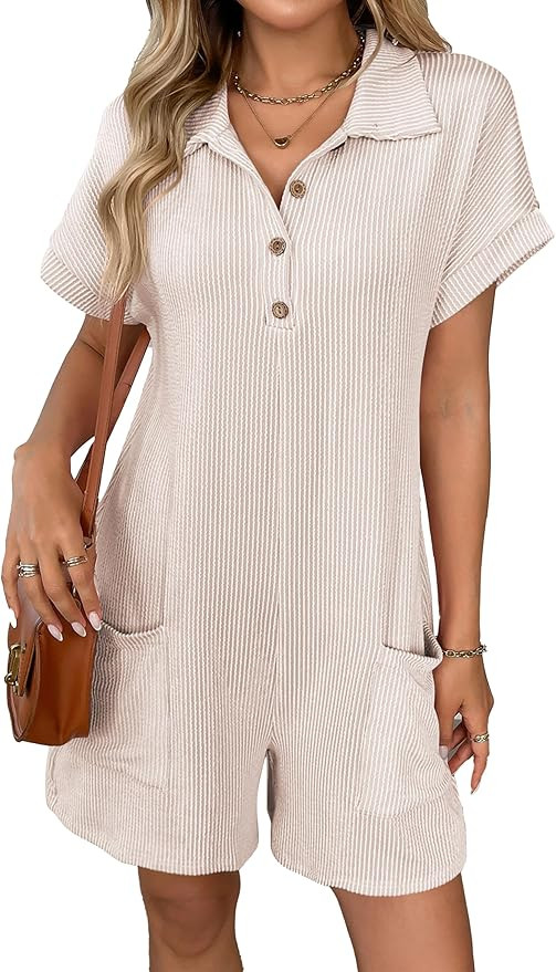 Rompers for Women Short Sleeve Button Down Elastic Short Jumpsuit with Pockets | Amazon (US)