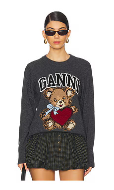 Ganni Graphic Wool Mix Bear Crewneck in Gray Quill from Revolve.com | Revolve Clothing (Global)