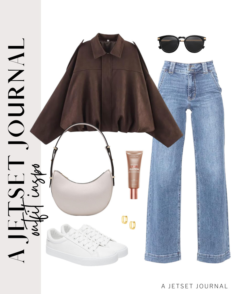 This coffee-colored faux-suede bomber jacket paired with jeans is the perfect combination for casual office meetings or weekend brunches. I know you will love these tennis shoes as much as I do because they're a comfy footwear option for this outfit. 

 #LTKSeasonal #LTKSaleAlert #LTKTravel