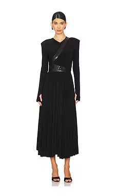 Norma Kamali Long Sleeve Shoulder Pad V Neck Flared Dress in Black from Revolve.com | Revolve Clothing (Global)