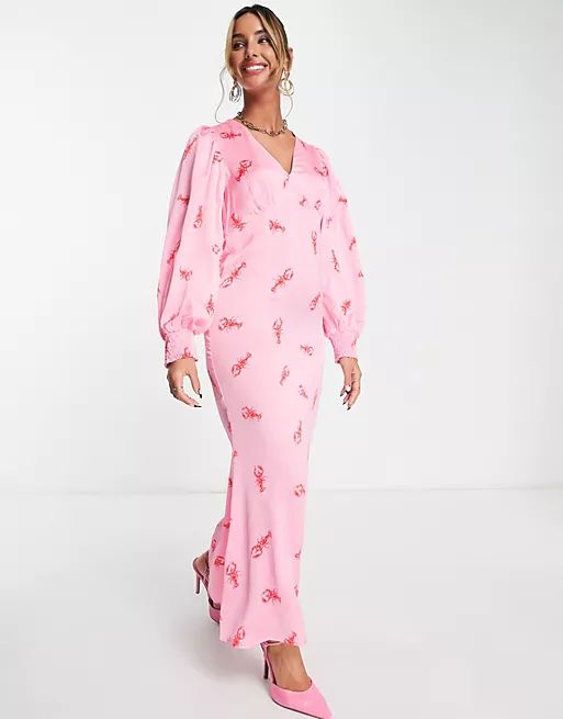 Never Fully Dressed balloon sleeve maxi dress in lobster print | ASOS | ASOS (Global)