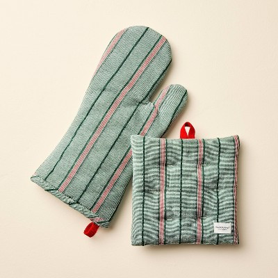 2pc Oven Mitten and Potholder Set Green/Red Stripe - Hearth & Hand™ with Magnolia | Target