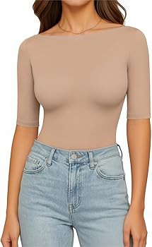 MANGOPOP Women's Half Sleeve Boat Neck Bodysuit 3/4 Sleeve Body Suit Fitted Going Out Tops 2026 | Amazon (US)