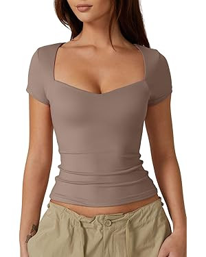 QINSEN Womens Sweetheart Neck Short Sleeve T Shirts Slim Fit Basic Tee Trendy Crop Top | Amazon (US)