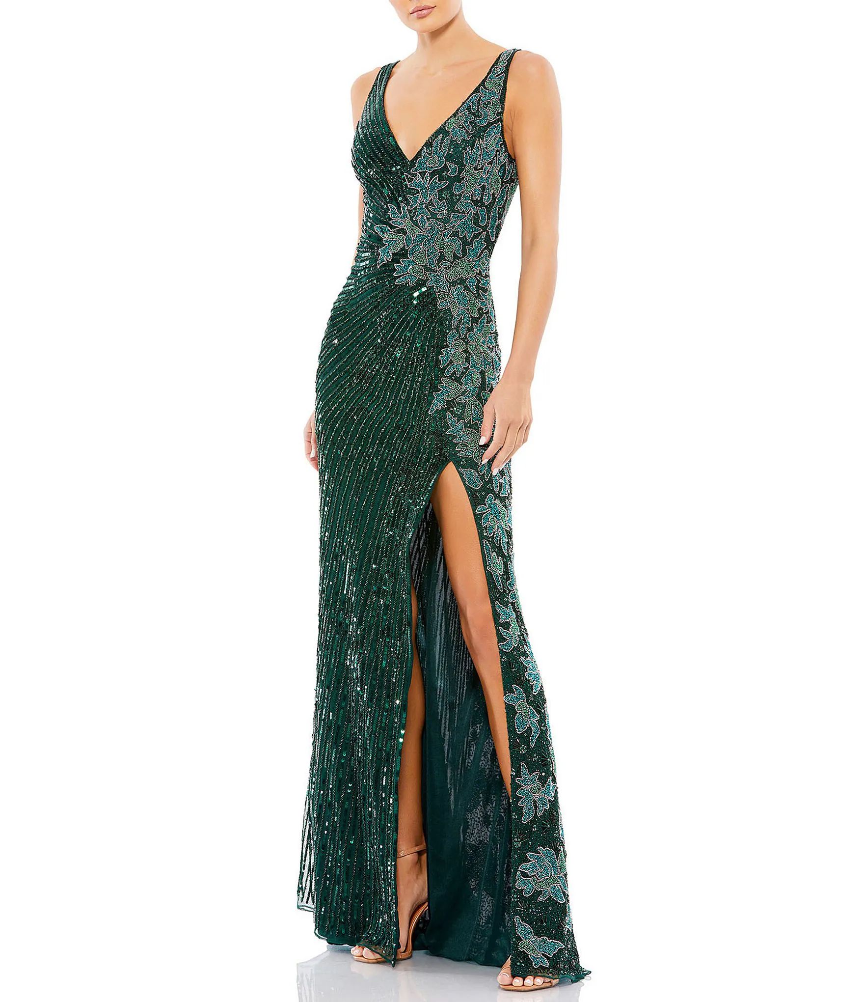 Beaded Sequin V-Neck Sleeveless Thigh High Side Slit Gown | Dillard's