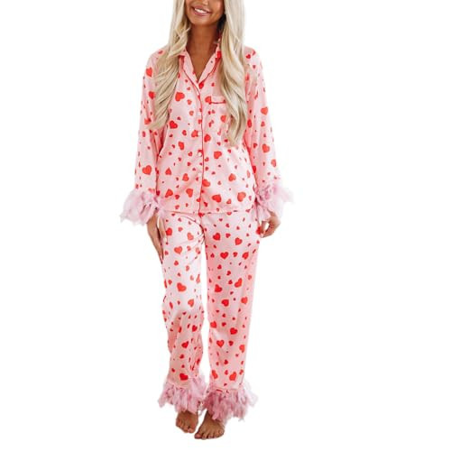 Sastianaen Women Valentine's day Feather Pajamas Silk Satin Lounge Sets Long Sleeve Button Down Shirts and Pants 2 Piece Pj Set M | Amazon (US)