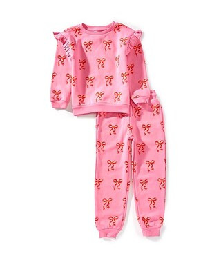 Adventurewear 360 Little Girls Bow Print Crew Neck Long Sleeve Pullover Ruffle Sweatshirt & Jogge... | Dillard's