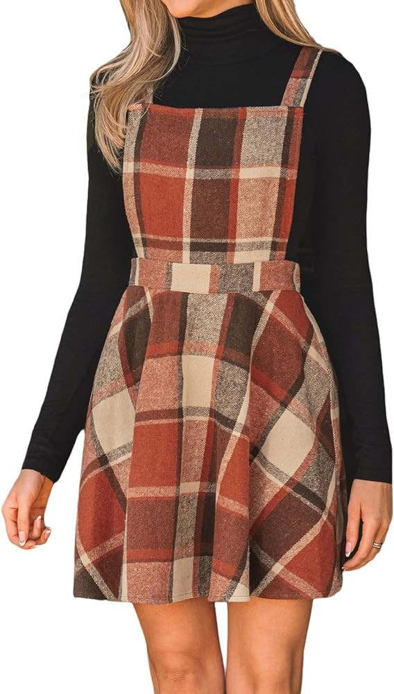 CUPSHE Women's Overall Dress Square Neck Plaid Sleeveless Casual Short A Line Cute Fall Mini Pina... | Amazon (US)