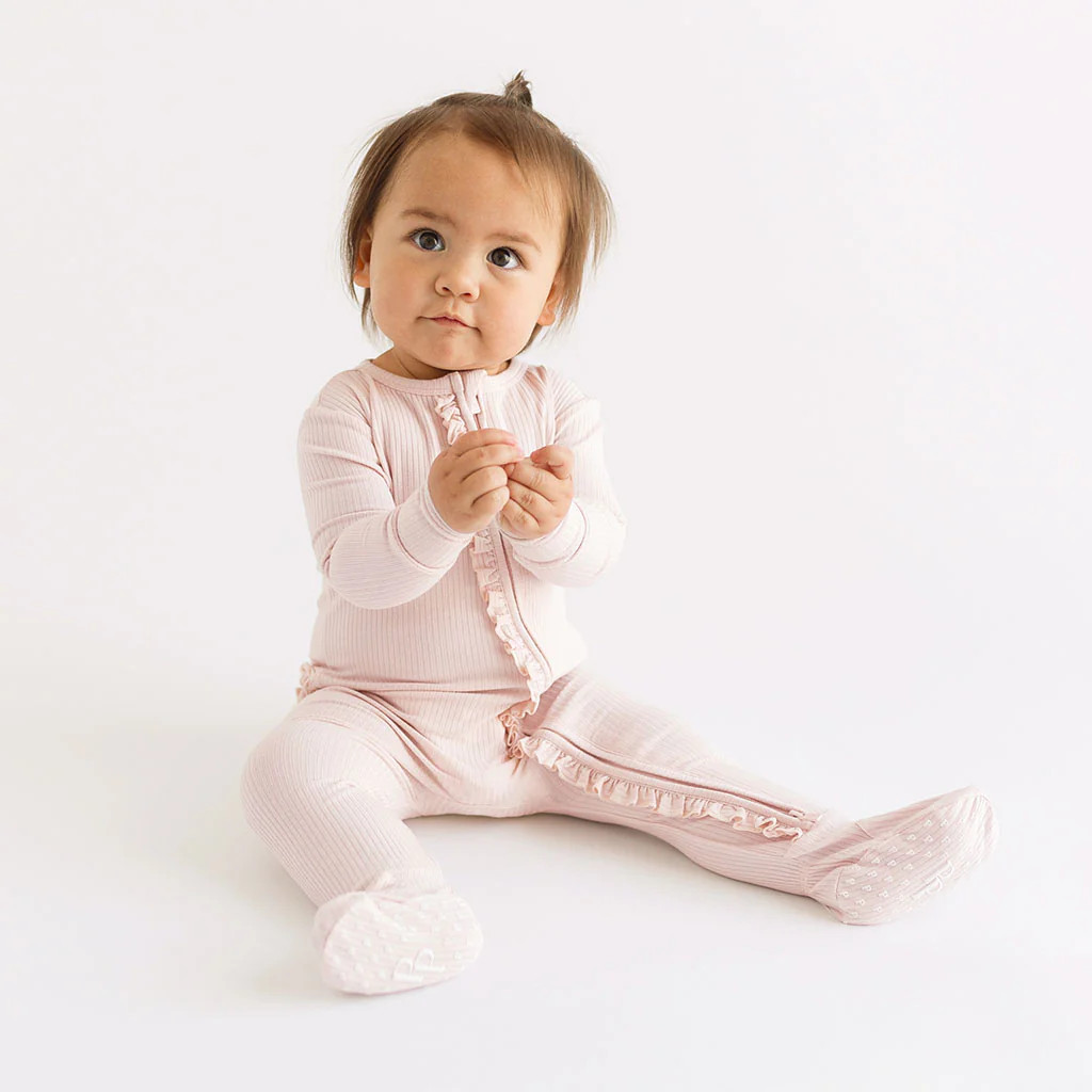Solid Pink Baby Girl Sleeper | Sandy Blush Ribbed | Posh Peanut