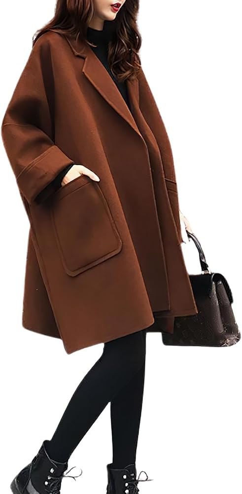 chouyatou Women's Casual Oversized Open Front Wool Overcoat Elegant Loose Notch Lapel Coat with P... | Amazon (US)