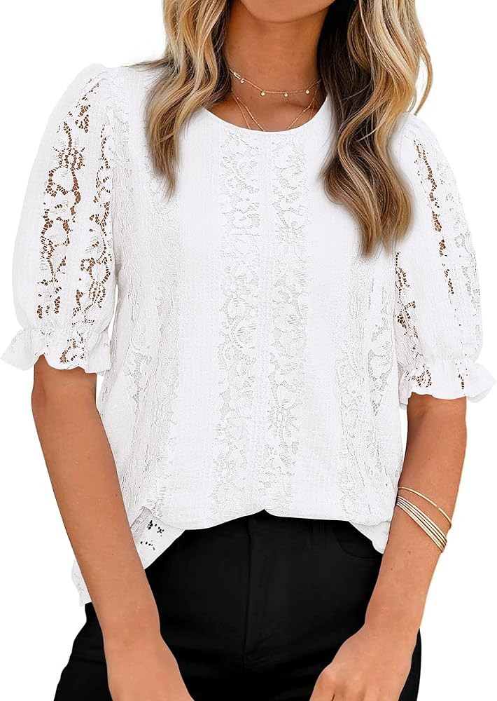 KIRUNDO Lace Tops for Women Trendy 2026 Eyelet Floral Summer Clothes Short Puff Sleeve Spring Blo... | Amazon (US)