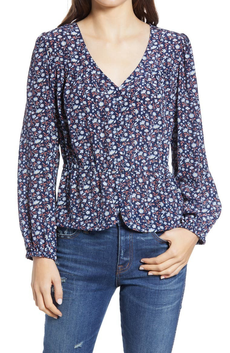 Silk Button Front Peplum Top | Nordstrom