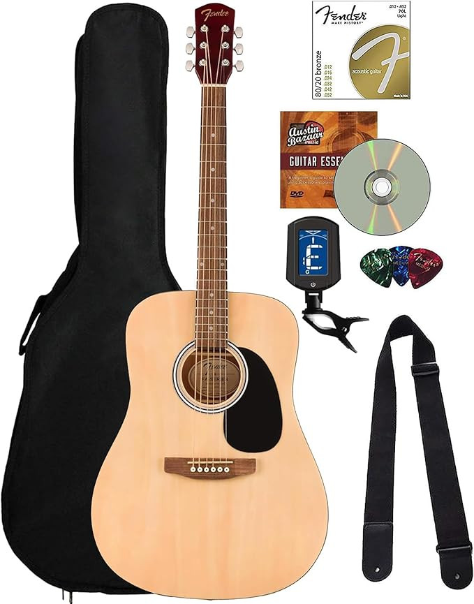 Fender Dreadnought Acoustic Guitar - Natural Bundle with Gig Bag, Strap, Strings, Picks, Fender P... | Amazon (US)