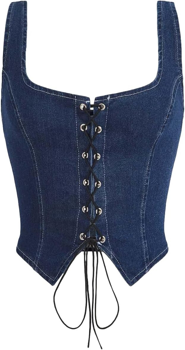 Verdusa Women's Sleeveless Scoop Neck Lace Up Front Asymmetrical Hem Denim Crop Tank Top | Amazon (US)