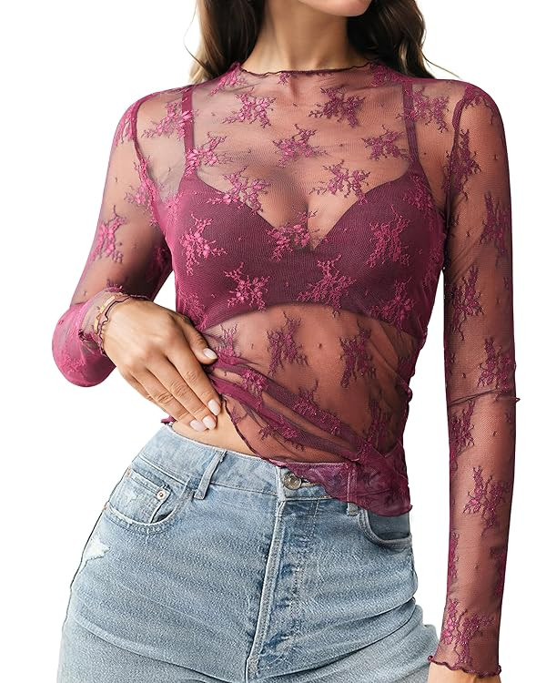 HOTOUCH Women's Mesh Sheer Tops Long Sleeve Layering Top Mock Neck See Through Floral Lace Shirt ... | Amazon (US)