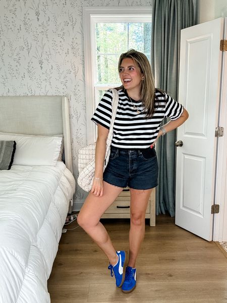Easy mom outfit with denim shorts, striped tee, bright blue sneakers. All true to size but size down in between in shorts.

#LTKstyletip #LTKfindsunder50 #LTKsalealert