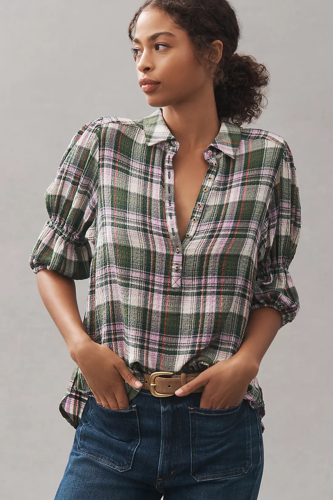 The Tallulah Puff-Sleeve Plaid Buttondown Top by Pilcro | Anthropologie (US)